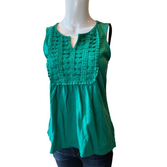 Talbots Womens Embroidered Tank Top Sleeveless Split V Neck Kelly Green SZ Small - Picture 1 of 7